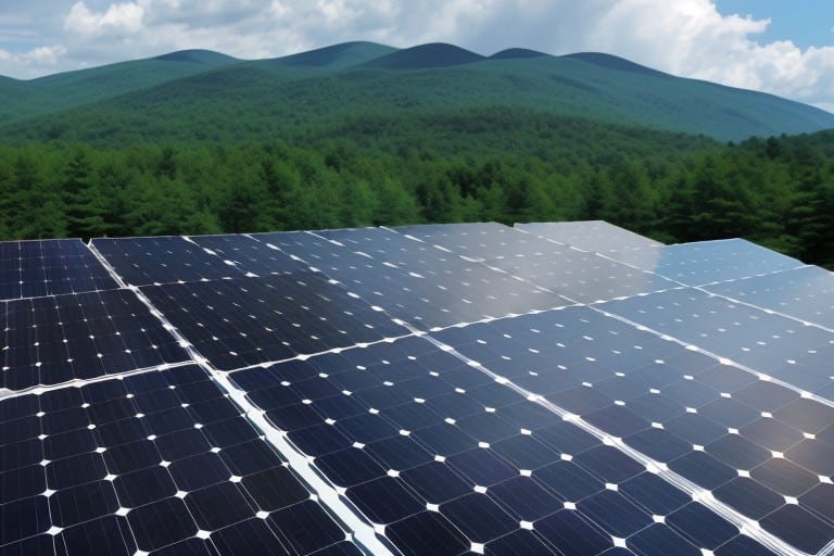 Solar panels on a roof with mountains in the background